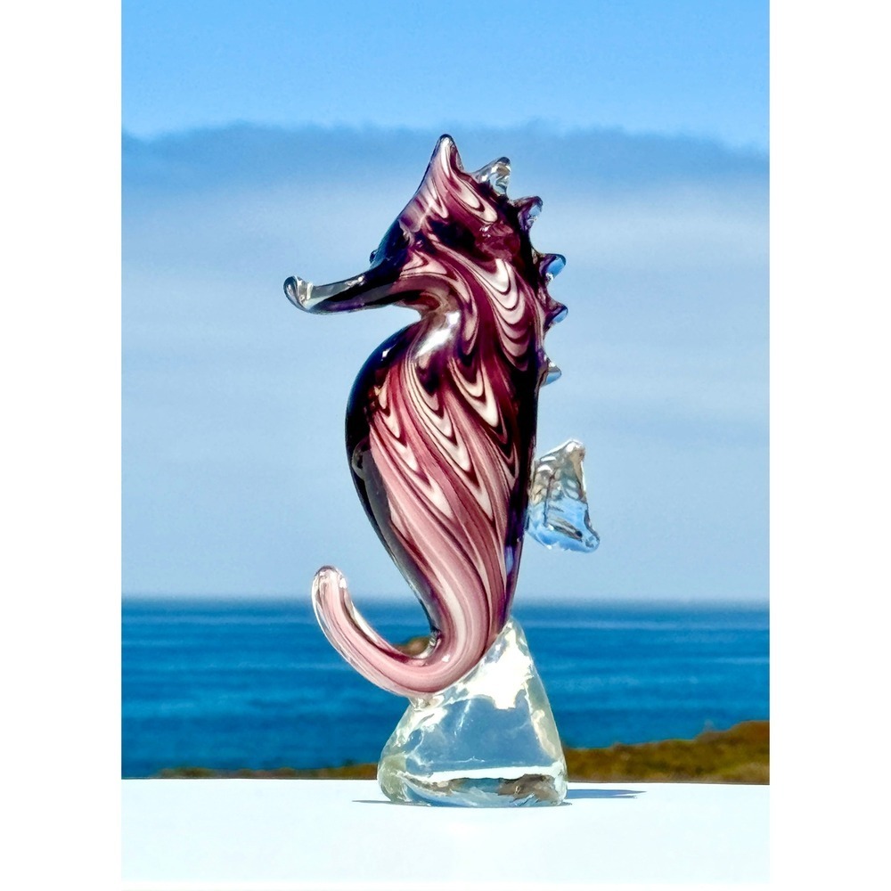 Art Glass Seahorse Figurine Purple White Swirl Nautical Decor 7.5" Sculpture